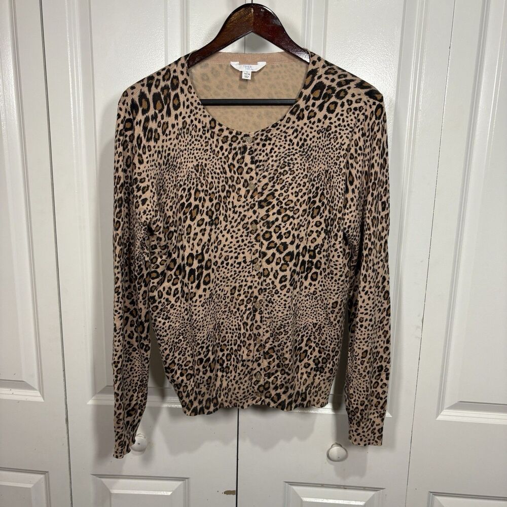 Time and Tru Womens L Leopard Animal Print Sweater Tan Brown Knit Boho Fall Cozy